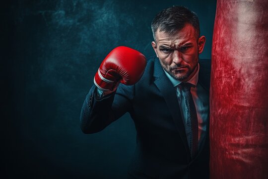Businessman in suit wearing red boxing gloves and punching a heavy bag, business competition concept