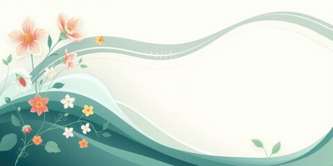 Nature-inspired floral waves with subtle gradient, beachy scenery, stylized sea creatures, floral motifs