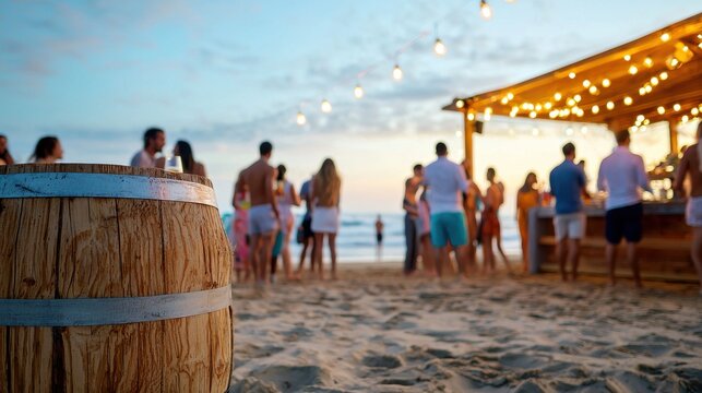 Beach party celebration at sunset oceanfront bar social gathering relaxed atmosphere festive vibe