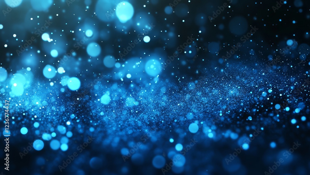 Poster abstract blue bokeh background with glowing particles and sparkling lights.