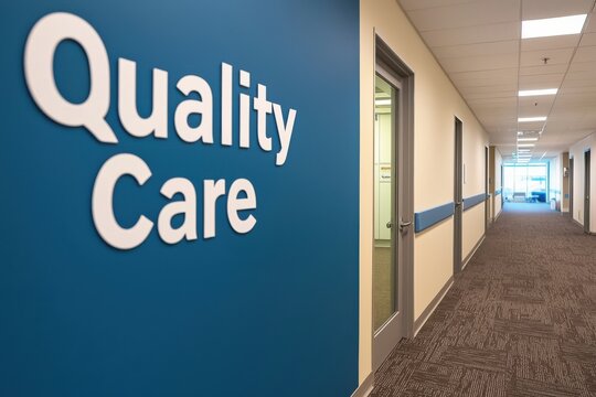 A hallway featuring a sign that reads "Quality Care" emphasizing a focus on healthcare and patient well-being in a modern facility.