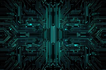 Abstract close-up of a glowing blue digital circuit board, showcasing intricate connections and technological design on a black background.
