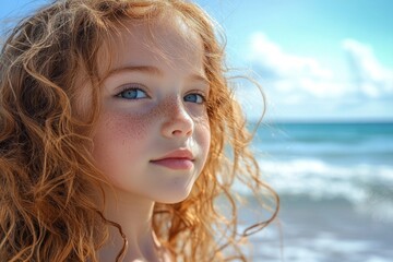 Red-haired girl with freckles enjoying a sunny day at the beach