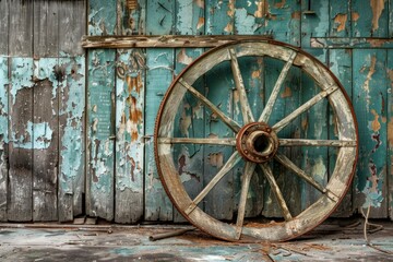 Old wooden wheel leaning against a weathered wooden wall with peeling paint, creating a rustic and nostalgic scene