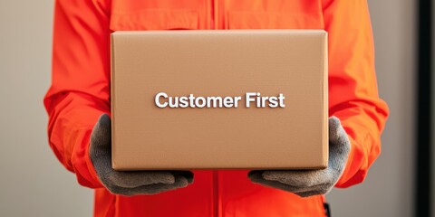 Customer Service concept. A delivery person in an orange jacket holds a brown package labeled "Customer First" emphasizing a focus on customer satisfaction.