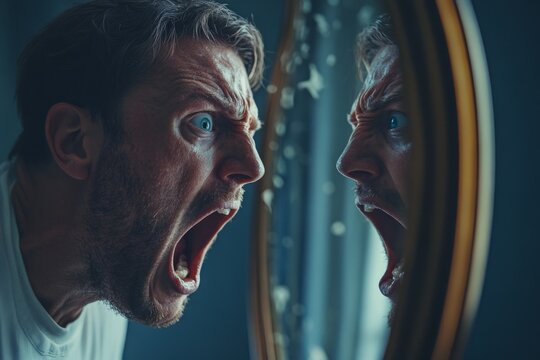 Portrait of furious man screaming at his mirror image, expressing his rage and frustration
