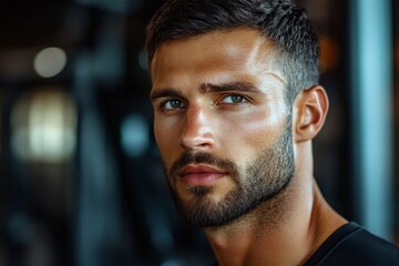 Fototapeta premium Close-up of sweaty sportsman resting after intense training session
