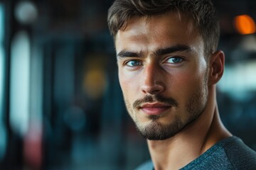 Obraz premium Young athlete with focused gaze posing in a modern gym, showcasing dedication and fitness