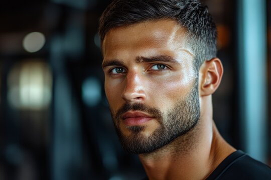 Close-up of sweaty sportsman resting after intense training session