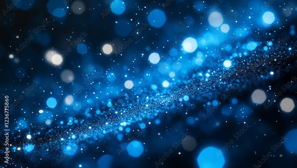 Poster abstract blue bokeh background with sparkling particles and glowing lights.