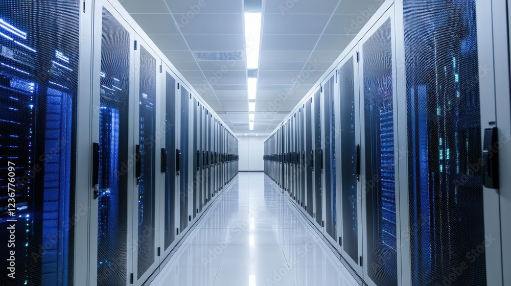 Poster a futuristic server room with rows of data processing units and blue lights