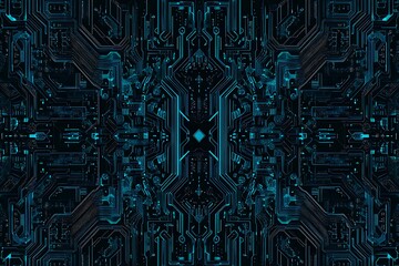 Abstract close-up of a glowing blue digital circuit board, showcasing intricate connections and technological design on a black background.
