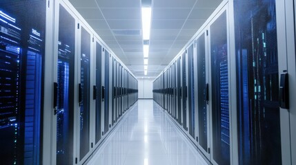 A futuristic server room with rows of data processing units and blue lights