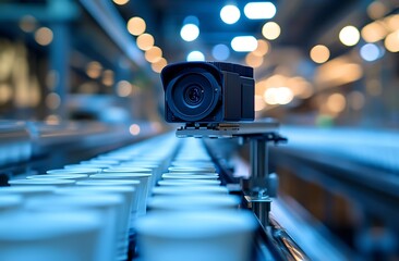 Industrial camera inspecting cups on a conveyor belt in a factory.