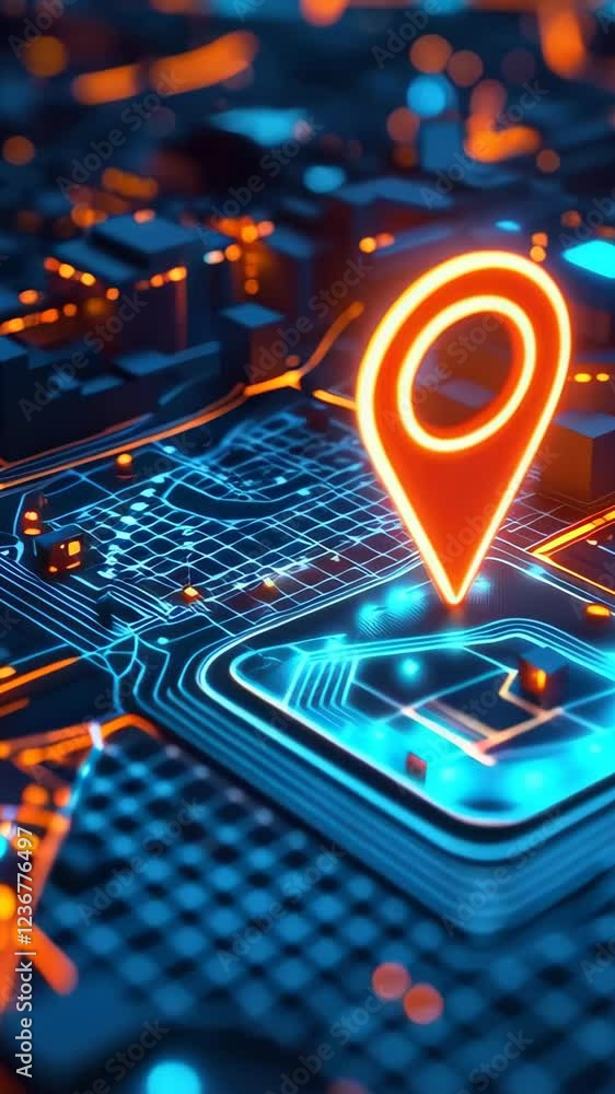 Poster dynamic 3d city map with moving location pin highlighting urban navigation