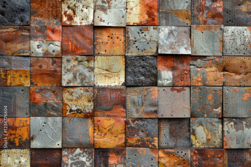 Poster rusty square metal tiles creating a colorful abstract pattern, showing corrosion and rivets