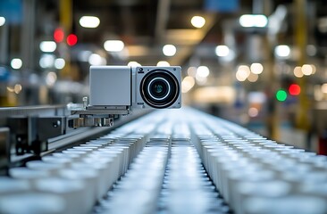 Automated factory camera inspecting white cups on a conveyor belt.