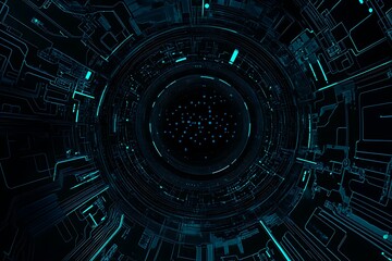 Abstract close-up of a glowing blue digital circuit board, showcasing intricate connections and technological design on a black background.
