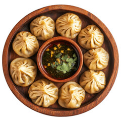 Fototapeta premium Delicious Dumplings Served with Spicy Dipping Sauce on Wooden Tray