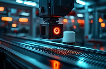 Futuristic robotic arm with camera inspecting a product on a conveyor belt in a factory.