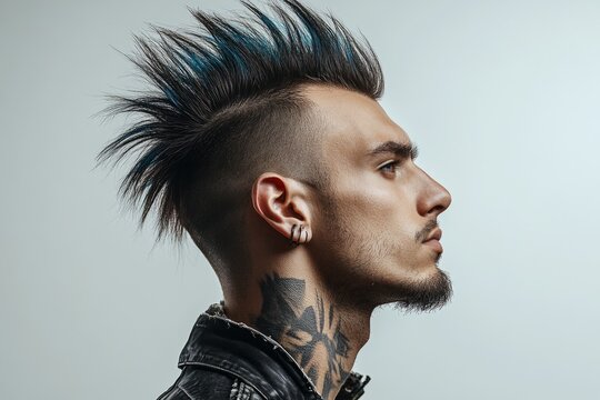 Musician with mohawk haircut and tattoos showing his underground style posing in profile