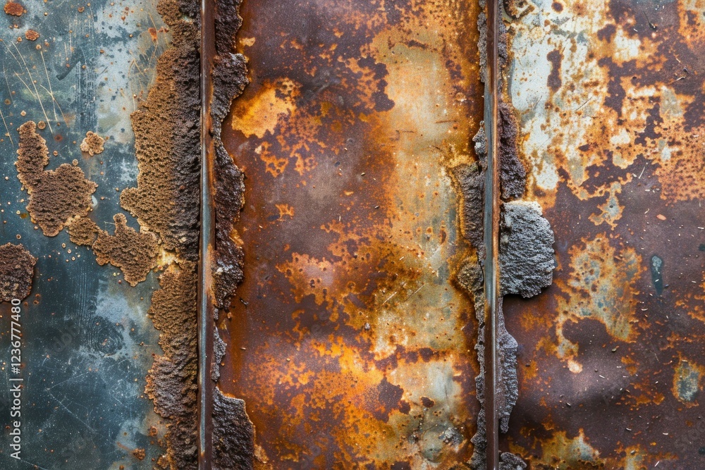 Poster close up of a rusty metal surface with decaying paint, highlighting corrosion and two vertical lines