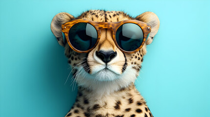 Baby leopard wearing stylish sunglasses standing against a solid blue background with an adorable and charismatic presence exuding cuteness and charm ultra-detailed high-quality studio portrait