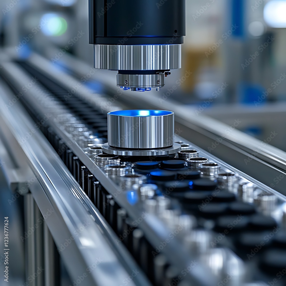 Poster automated industrial process with robotic arm placing a metallic component on a conveyor belt.
