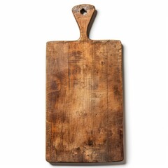 Fototapeta premium Empty vintage cutting board with handle isolated on white background, ready for food preparation