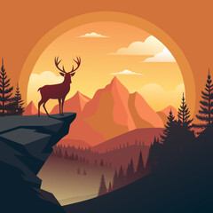 Fototapeta premium Stunning Vector Deer Silhouette on a Cliff Against a Glowing Sunset