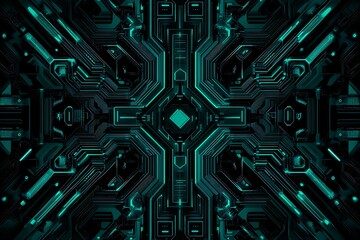 Abstract close-up of a glowing blue digital circuit board, showcasing intricate connections and technological design on a black background.
