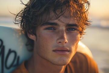 Portrait of a young surfer with freckles holding his surfboard on the beach at sunset