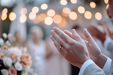 Guests at a wedding ceremony share in the joy, softly clapping while surrounded by blurred string lights and beautiful floral arrangements, creating an intimate atmosphere