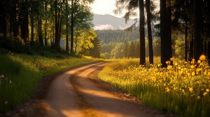 Obraz premium A cinematic photograph of a winding dirt road cutting through a dense forest, lined with vibrant yellow wildflowers. 