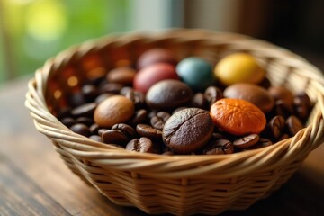 Coffee pods placed on a woven basket with soft white lighting, soft, pods