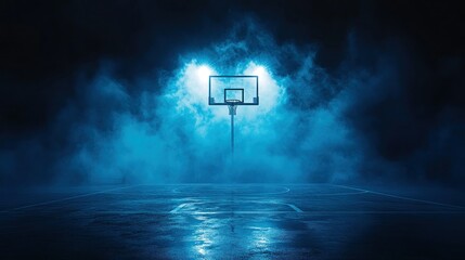 Empty basketball court at night, lit by spotlights, with fog.  Use Sports, esports, gaming, advertising