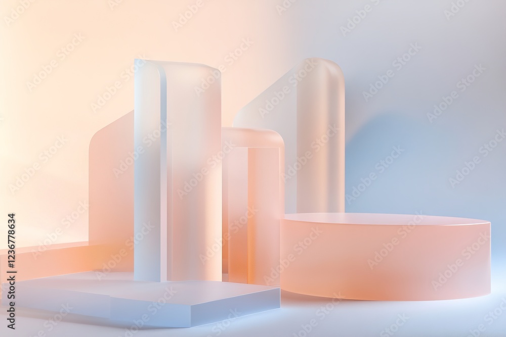 Poster multiple layers of blurred shapes in varying transparency form an abstract composition. the soft gra