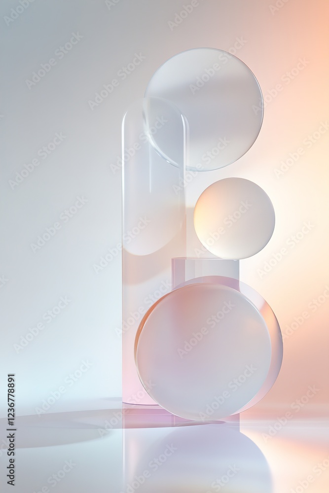 Poster multiple layers of blurred, transparent shapes interact to form an illusion of depth, set against a 