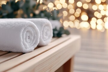 Neatly arranged white towels rest on a smooth wooden sauna bench, bathed in soft, warm light, with hints of natural decor adding a relaxing ambiance to the setting