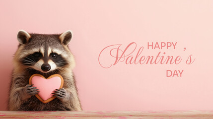 Raccoon holding heart cookie: adorable valentine's day card with cute animal