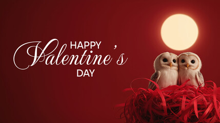 Valentine's day owls: romantic red background with full moon and love birds