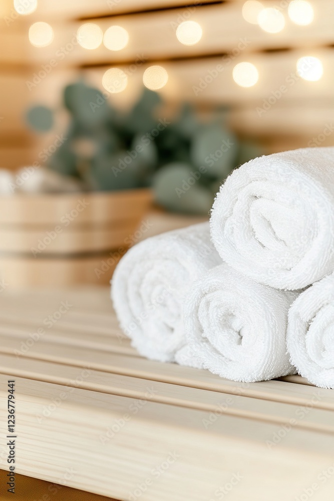Poster neatly rolled white towels rest on a smooth wooden sauna bench, illuminated by soft ambient light, w