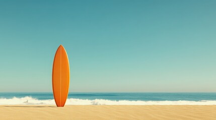 A single surfboard standing upright on golden sand, positioned near the shoreline. Gentle ocean waves roll in the background under a clear blue sky. 