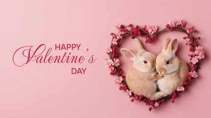 Adorable bunnies in heart-shaped wreath celebrate valentine's day on pink background