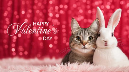 Adorable cat and rabbit duo celebrating valentine's day on fluffy pink background