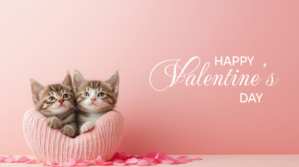 Adorable kittens in knitted basket celebrating valentine's day with pink petals