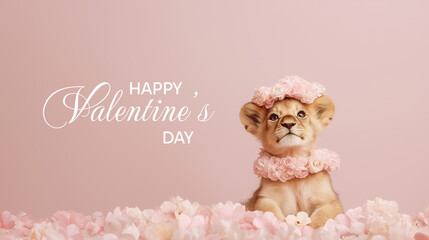 Adorable lion cub in floral crown celebrating valentine's day with pink blossoms