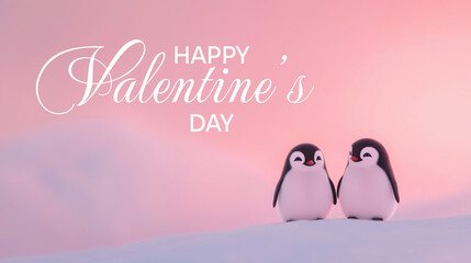Adorable penguin couple celebrating valentine's day in pink sunset winter wonderland