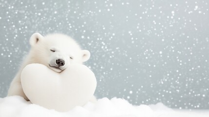 Adorable polar bear cub sleeping peacefully on snow with heart pillow in winter wonderland