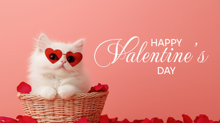 Adorable white kitten with heart glasses in basket celebrating valentine's day